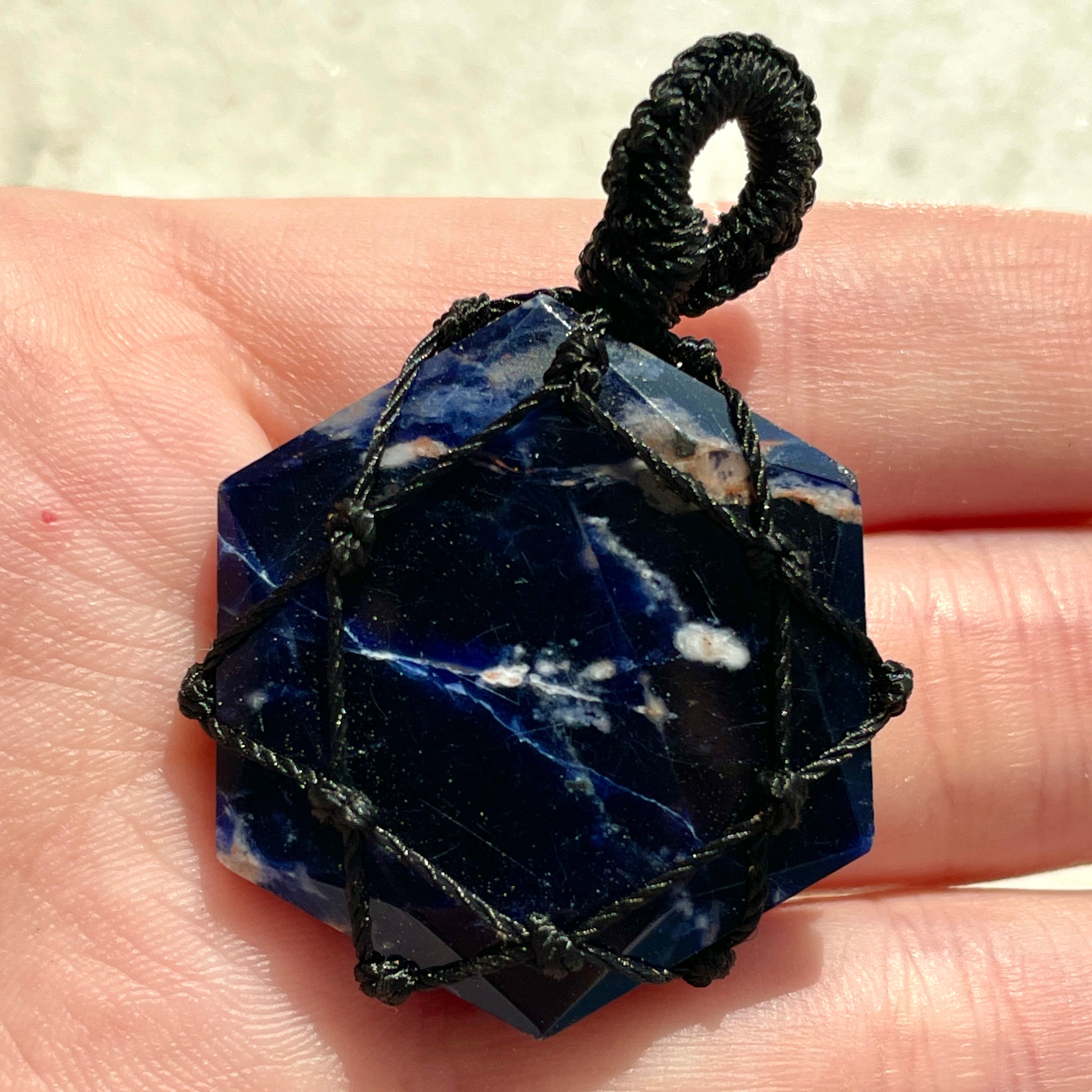 Sodalite - Macrame Wrapped Hexagonal Pendant Sodalite - Macrame Wrapped Hexagonal Pendant